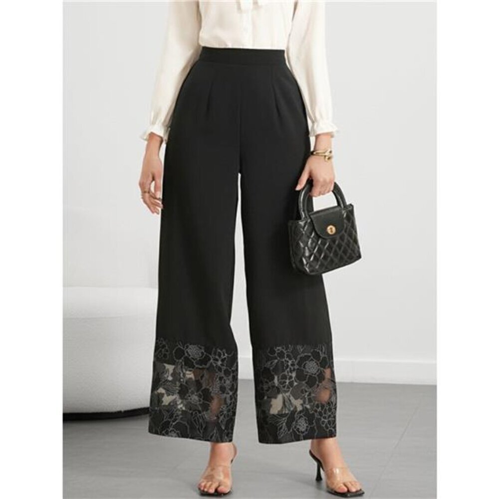 Floral Lace Hem Wide Leg Pants